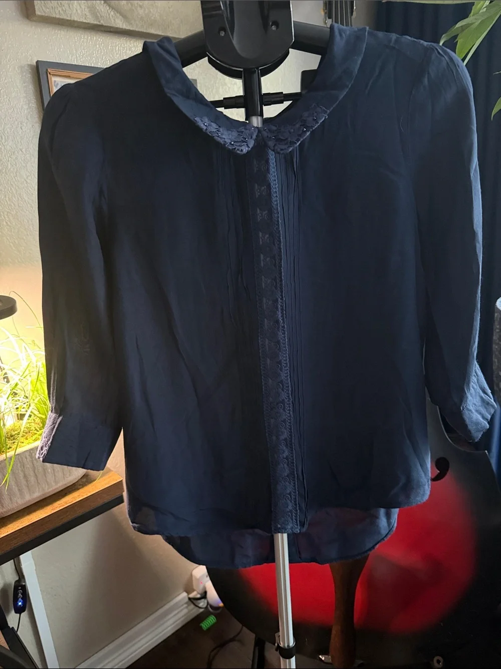 Free People Dark Navy Lace-Trim Blouse